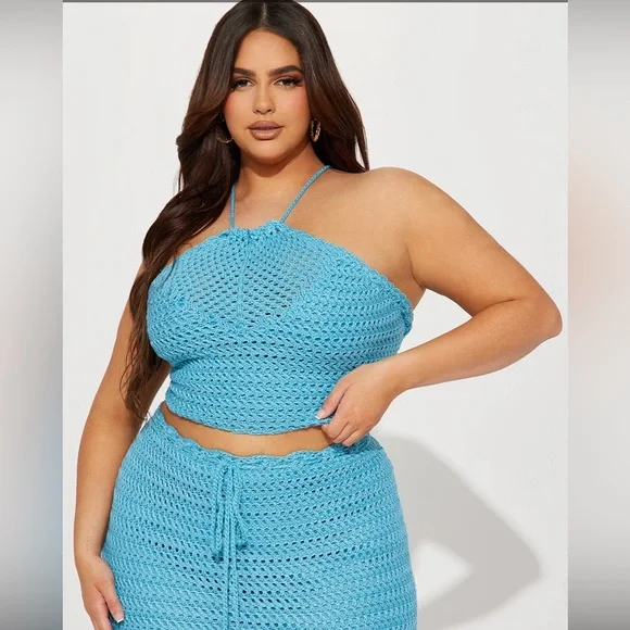 Crochet 2 piece set in aqua. Perfect for summer. NWT, 3x. - Picture 2 of 3